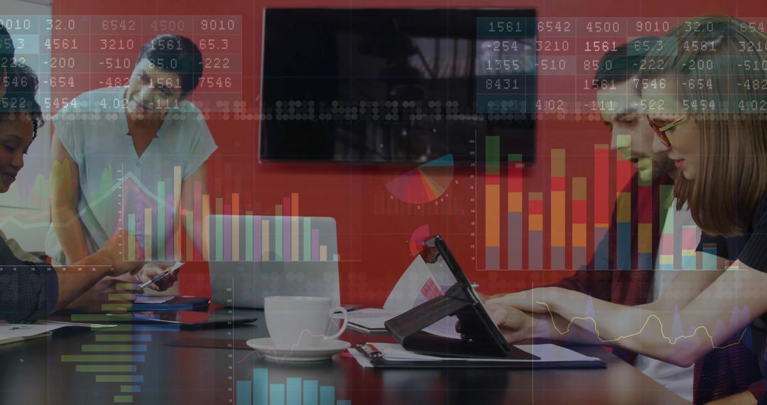 Diverse Business Team Collaborating in Modern Conference Room with Charts
