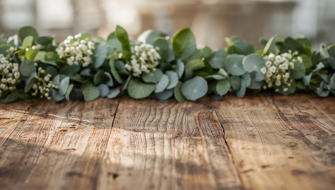 Rustic eucalyptus garland on weathered wooden table with warm bokeh light