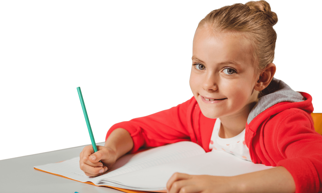 Cheerful Caucasian Girl Writing in Notebook on Transparent Background