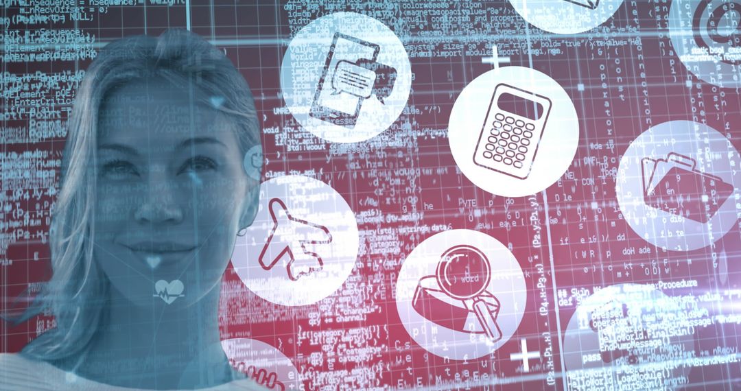 Smiling Woman with Digital Interface of Technological Icons