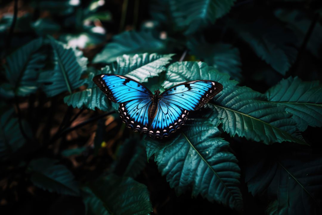 Vibrant Blue Butterfly Resting on Green Leaves in Lush Forest - Free Images, Stock Photos and Pictures on Pikwizard.com