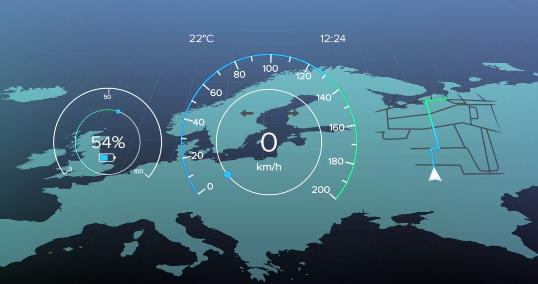 Digital Dashboard Displaying Vital Gauges Over European Map Interface