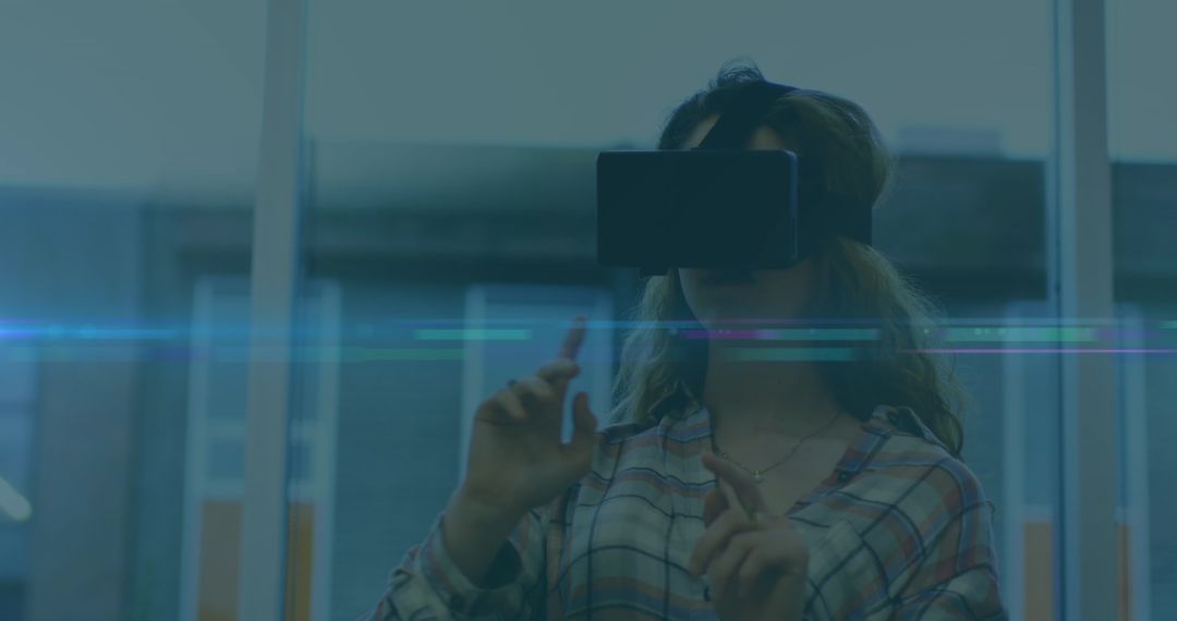 Woman Experiencing Virtual Reality in Futuristic Office Environment