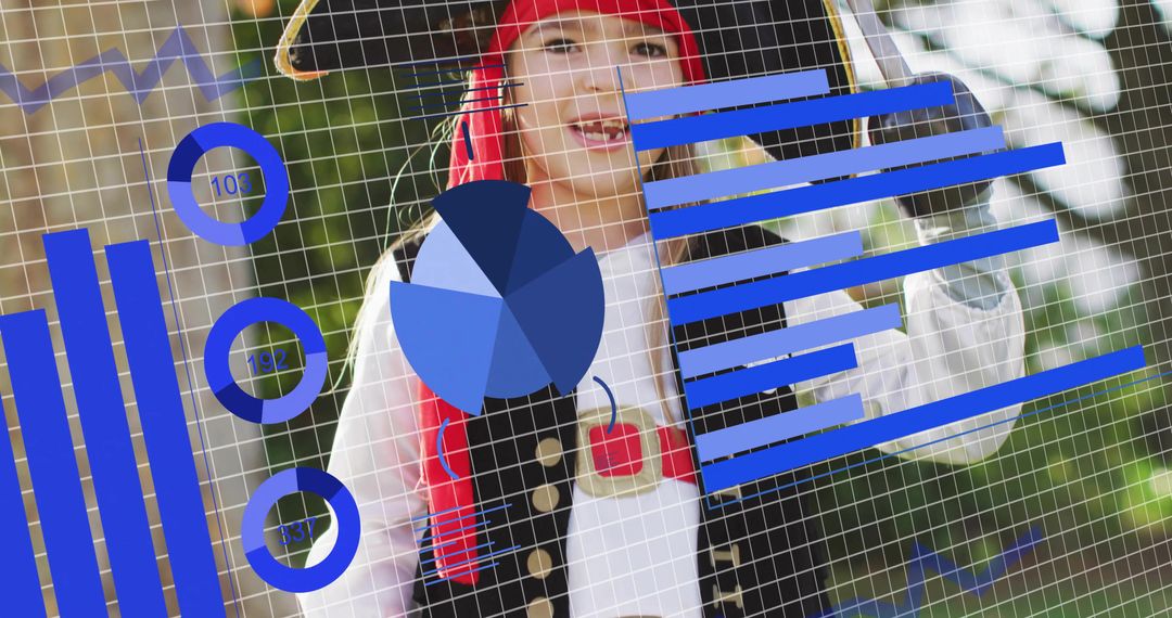 Girl wearing pirate costume posing with blue data visual overlays and infographic elements in garden