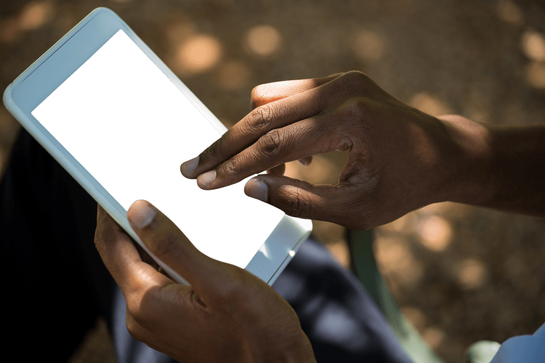 Person Interacting with Blank Transparent Tablet Outdoor