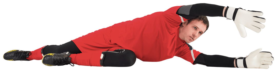 Caucasian Male Goalkeeper Making Save on Transparent Background