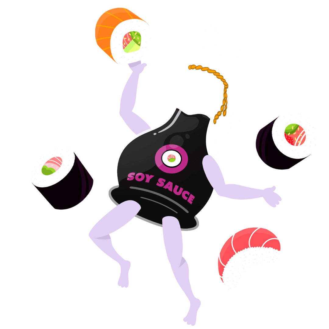 Playful Kawaii Soy Sauce Bottle Mascot with Sushi