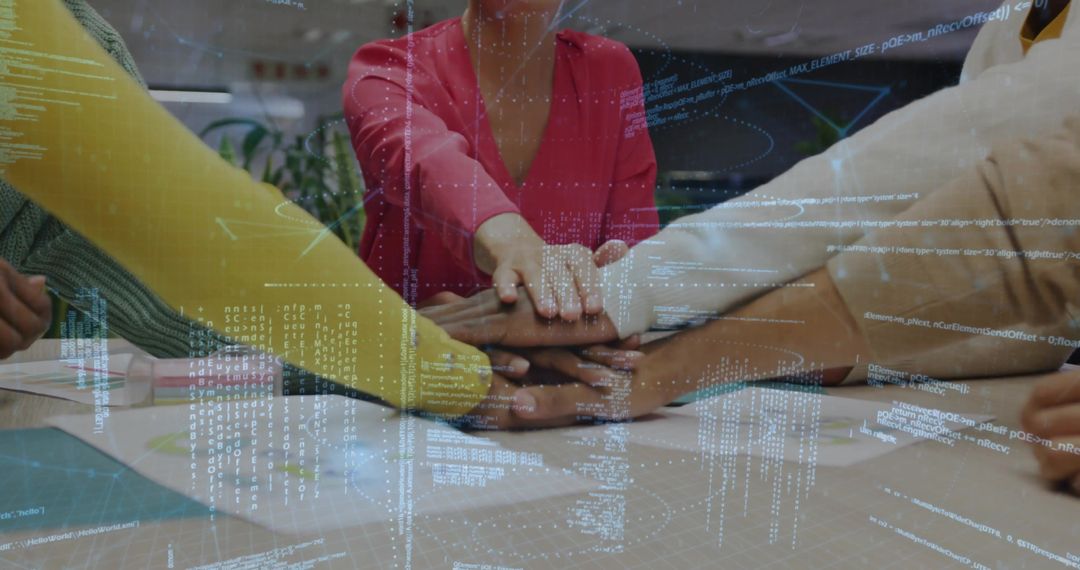 Business Team Joining Hands with Digital Code Overlay for Successful Collaboration