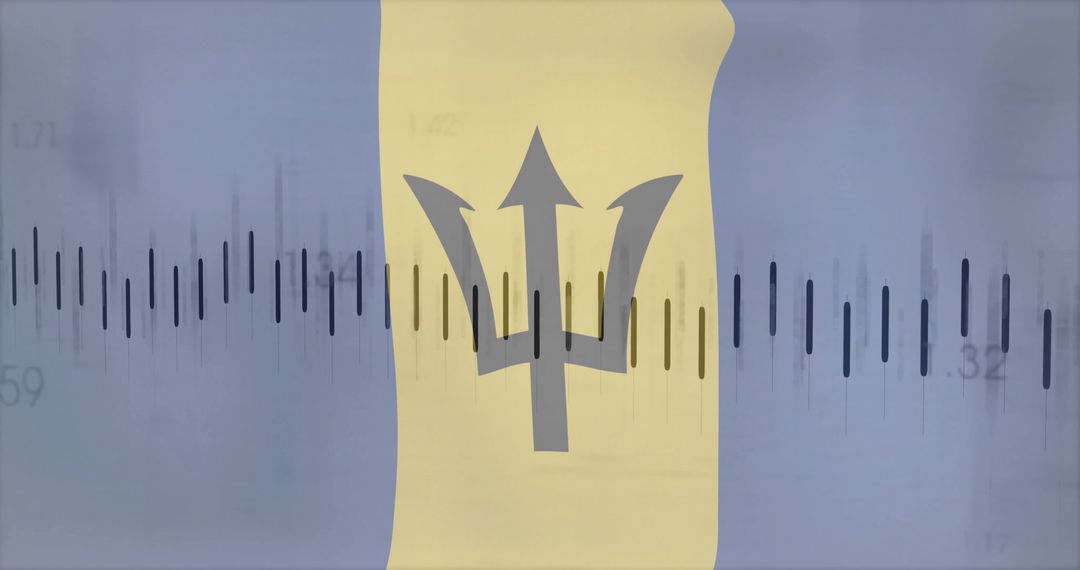 Black Trident Symbol Merging with Financial Bar Charts on Barbados Flag