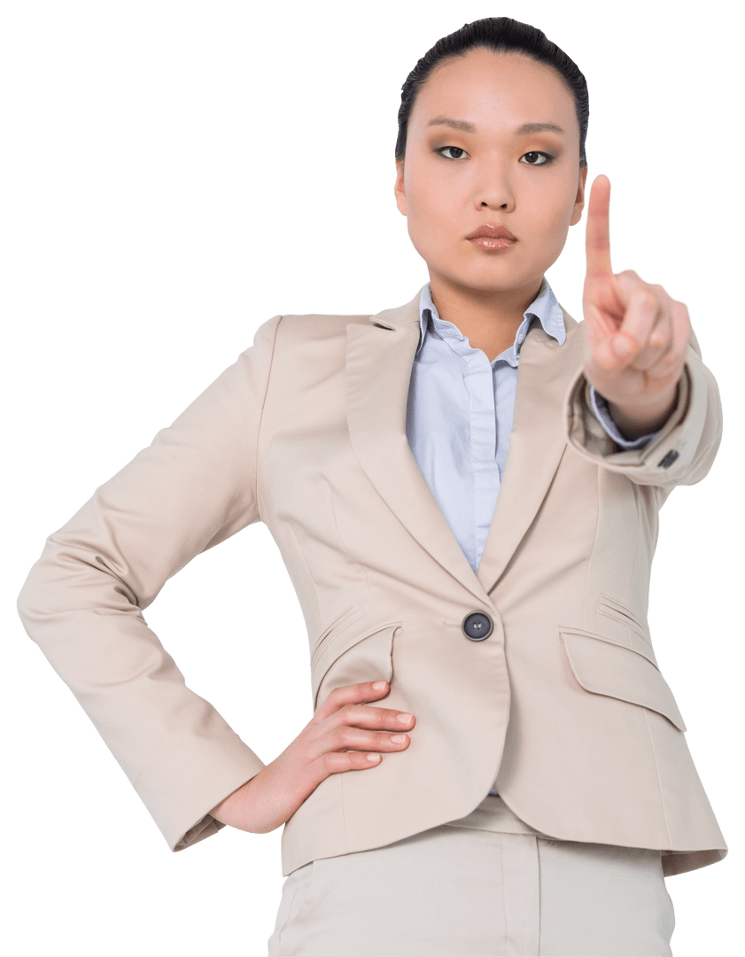 Focused Businesswoman Pointing Finger on Transparent Background for Technology Use