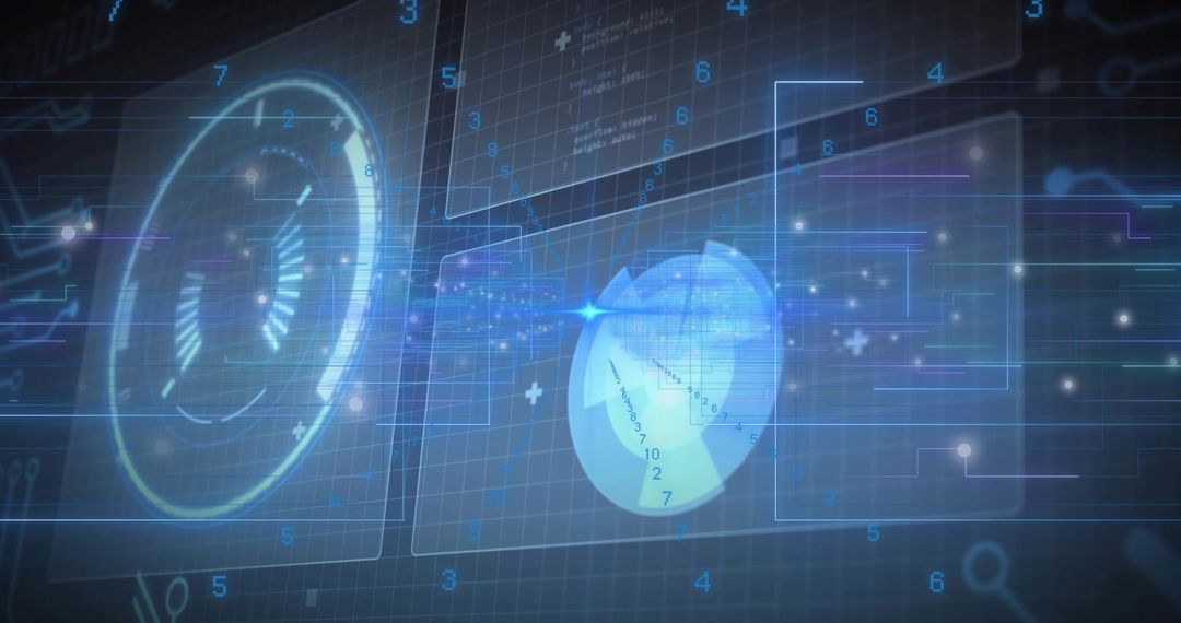 Holographic Analytics Dashboard Displaying Circular Gauge, Pie-Chart Dial on Futuristic Grid