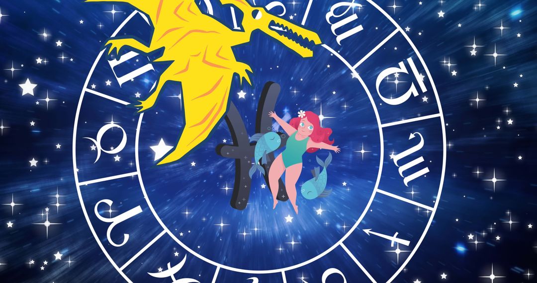 Aquarius Zodiac and Yellow Dragon in Starry Cosmos