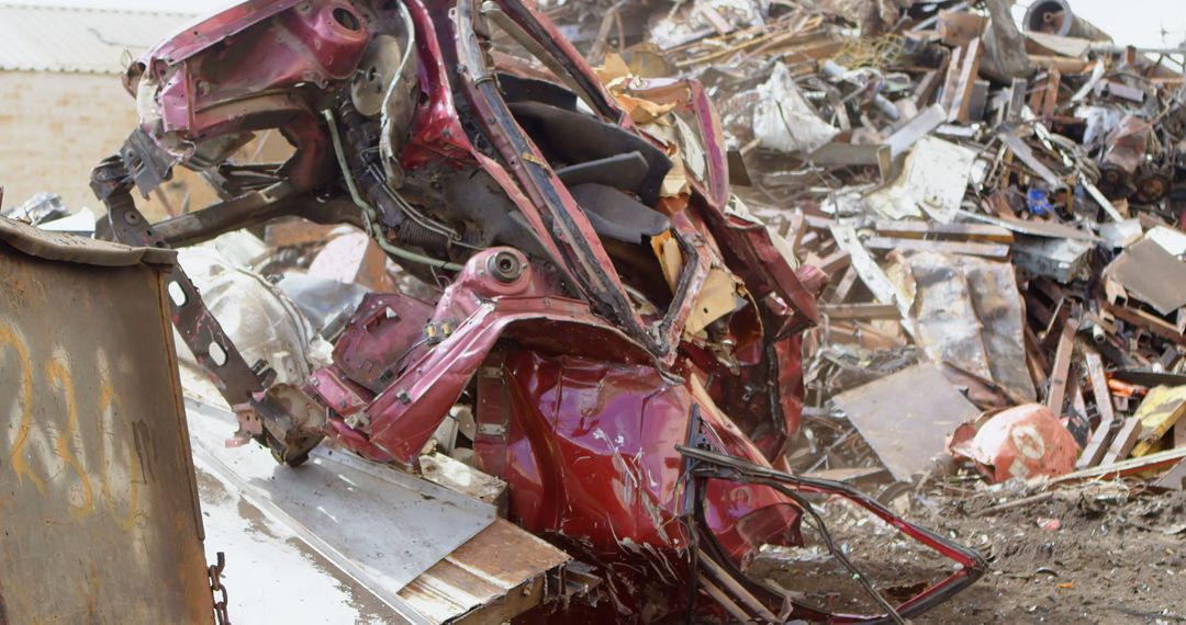 Crumpled Red Car in the Middle of Scrap Metal Heap - Free Images, Stock Photos and Pictures on Pikwizard.com