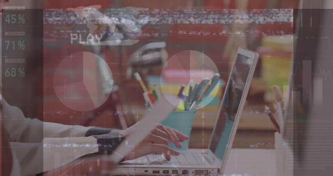 Colleagues Analyzing Data on Laptops with Digital Overlay