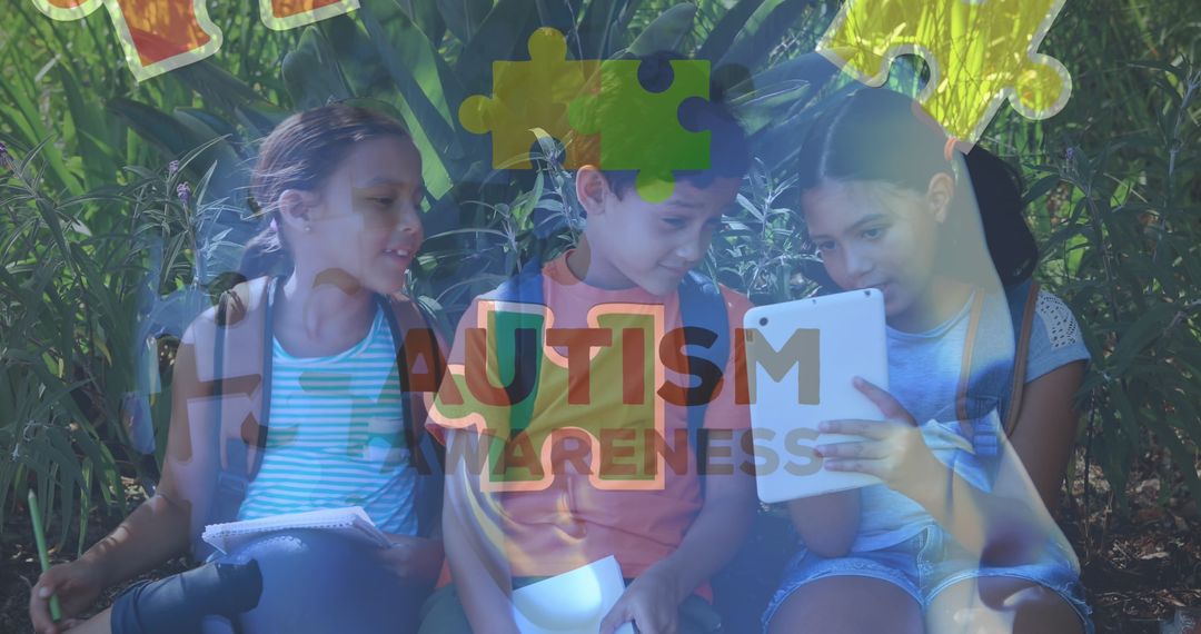 Kids Using Tablets with Autism Awareness Graphic Overlay