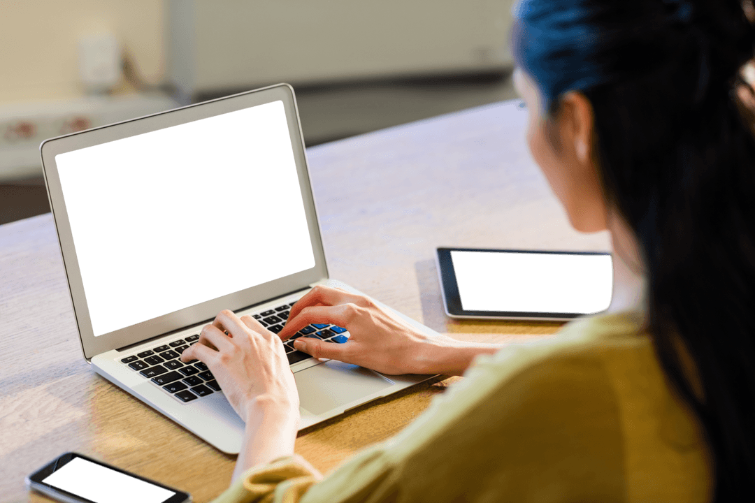 Transparent Businesswoman Working on Laptop in Office Setting