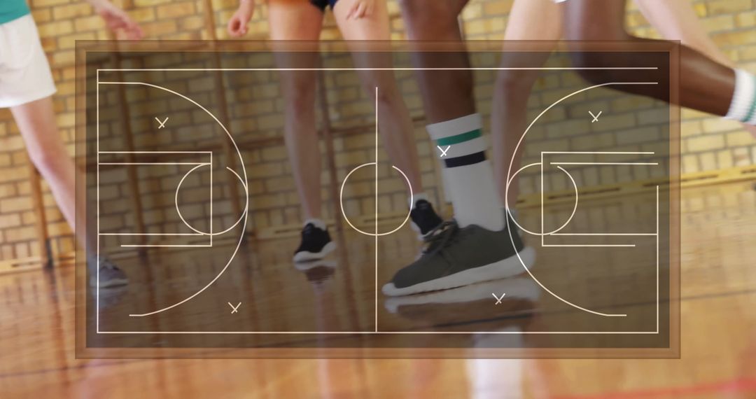 Basketball Strategy Overlay with Players Practicing on Court