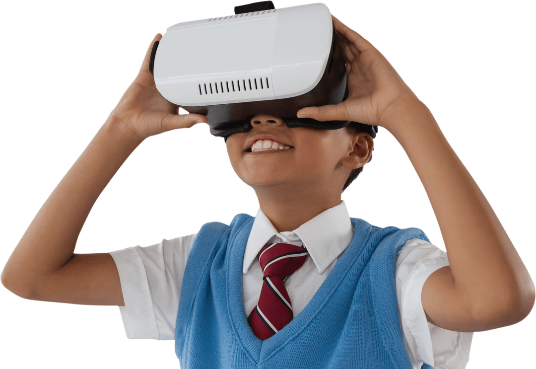 Schoolboy Wearing VR Headset Engaged in Virtual Learning Transparent