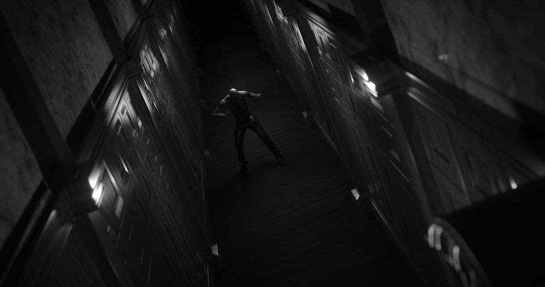 Eerie Figure in Dimly Lit Corridor Embodies Terror
