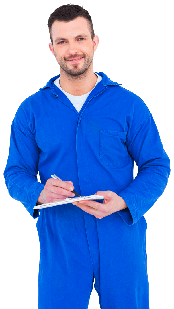 Male Mechanic in Blue Coveralls Writing on Transparent Clipboard