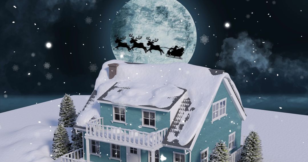 Festive Santa Sleigh Flying Over Snowy House on Christmas Eve