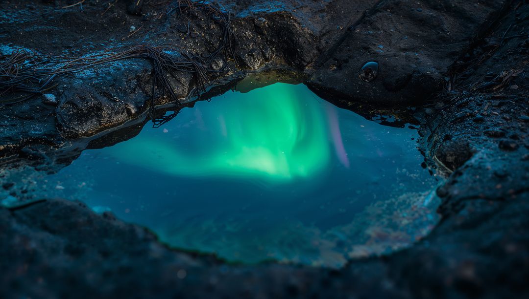Tide Pool Reflecting Northern Lights over Basalt Rocks with Seaweed and Starry Sky Glow