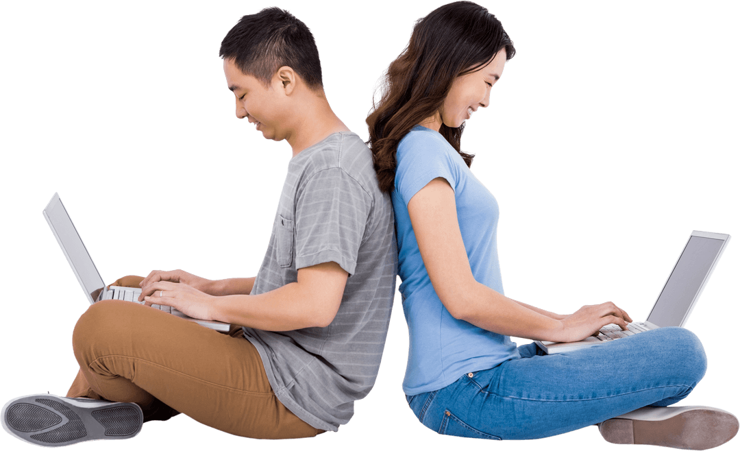 Transparent Young Couple Using Laptops Sitting Back to Back