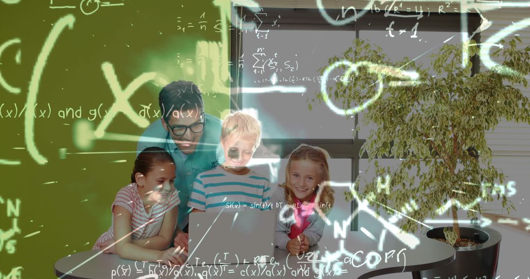 Happy Students Learning with Technology and Math Formulas Overlay
