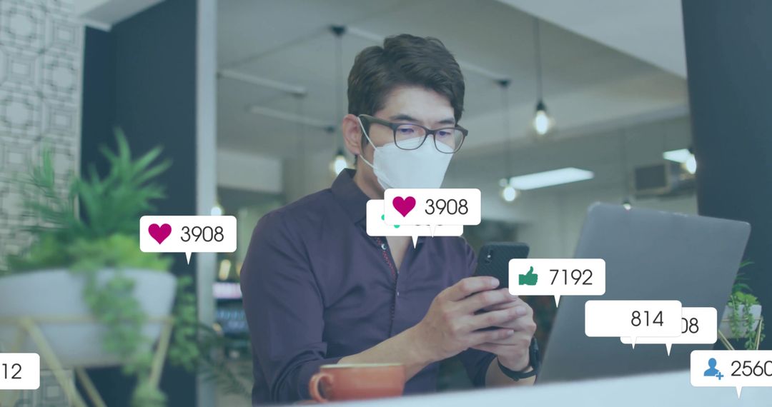 Masked Professional Engaging with Social Media in Modern Office