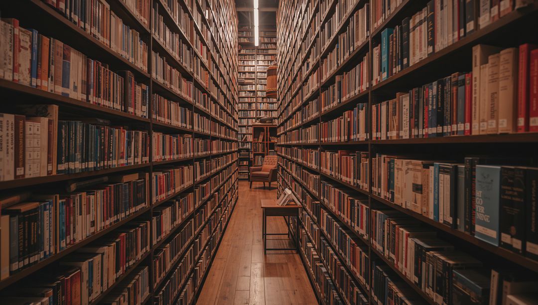Vintage Library Aisle with Wooden Shelves and Books