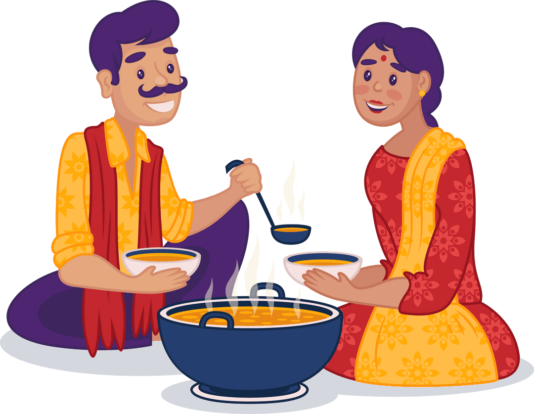 Indian Couple Sharing Steaming Curry on Transparent Background