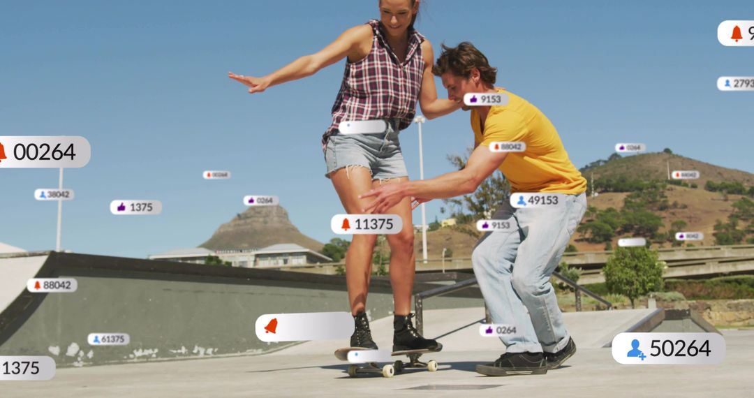Helping woman balancing on skateboard with partner and social media notifications
