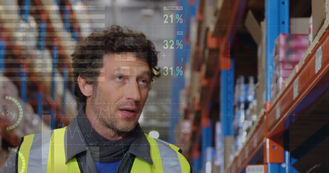 Warehouse Worker Analyzing Digital Data Interface