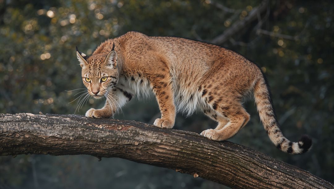 Bobcat walking along mossy branch in forest showing alert stalking pose close-up wildlife
