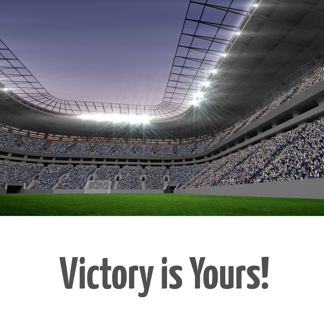 Illuminated Sports Stadium with Victory Message on Horizon
