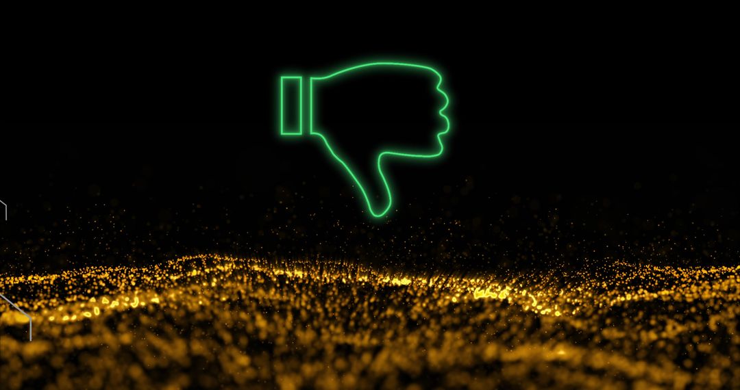 Neon Thumbs Down over Sparkling Golden Surface Background