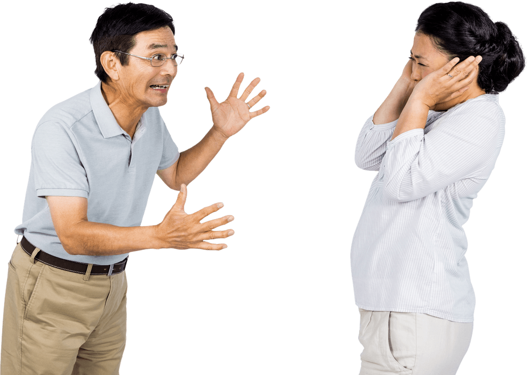 Senior Asian Couple Arguing on Transparent Background