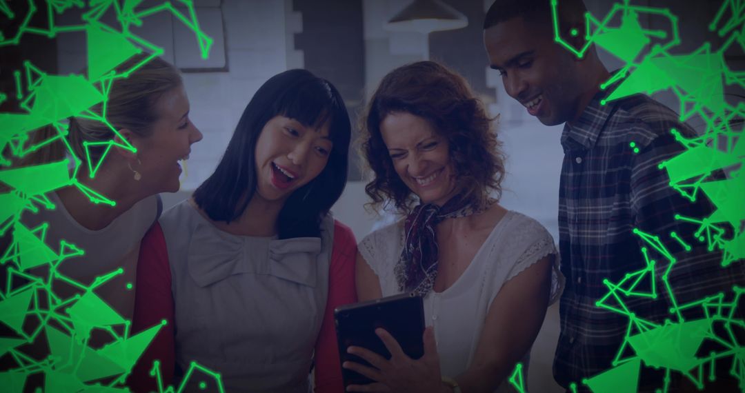 Smiling team gathering around tablet collaborating in modern office with green network overlay