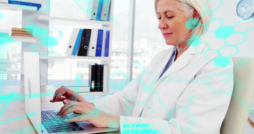 Female Scientist Analyzing Data on Laptop with Digital Graphic Overlay