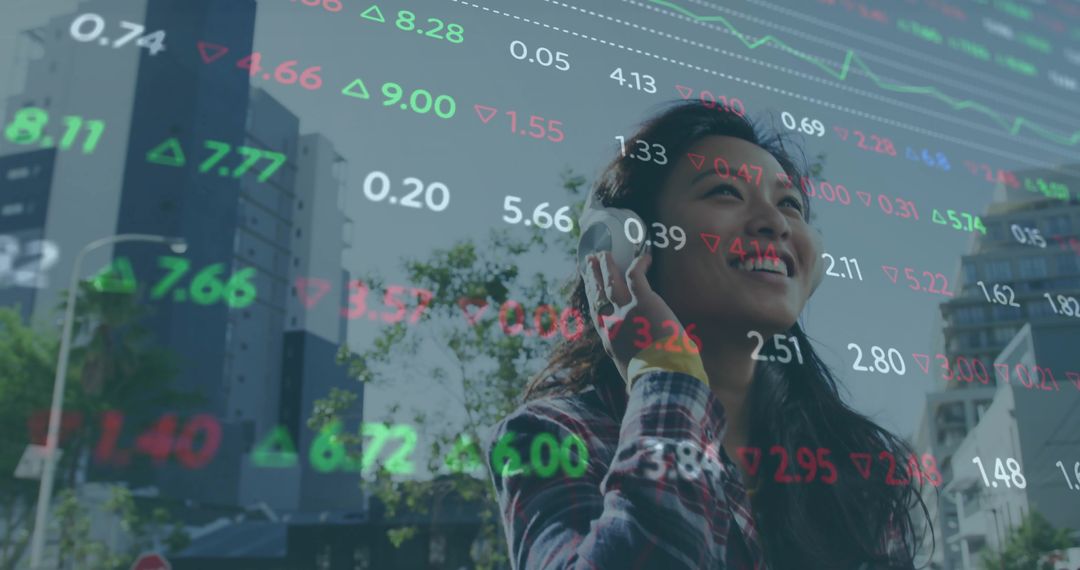 Smiling Woman on Smartphone with Stock Market Overlay on City Street