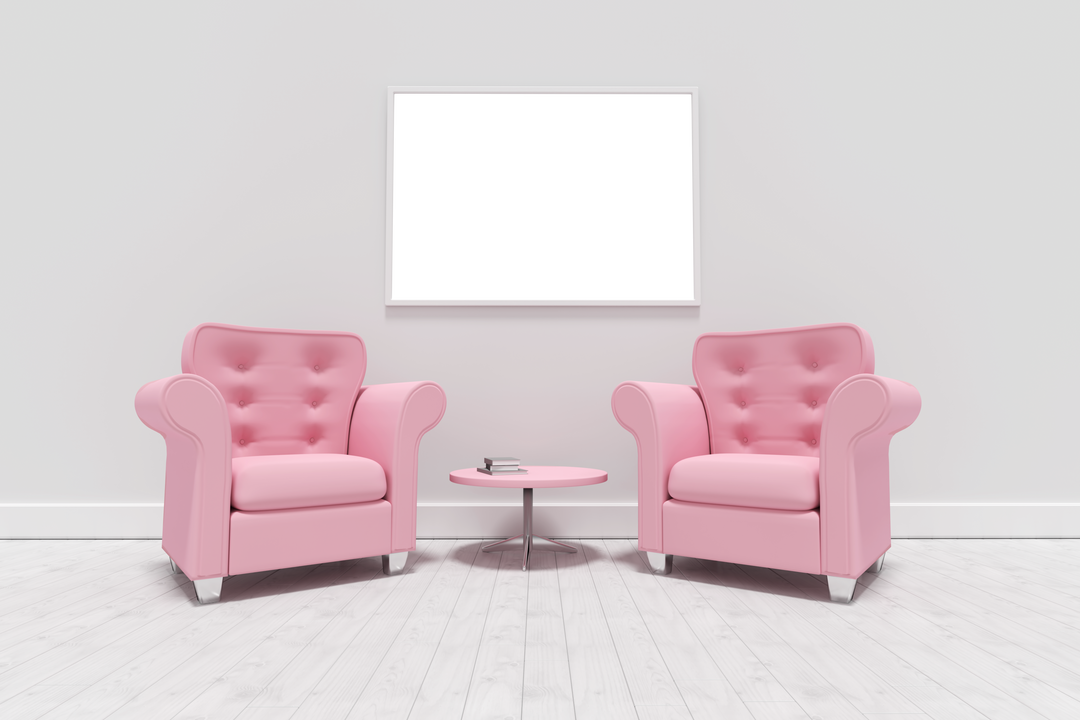 Transparent Blank Picture Frame Above Pink Armchairs in Stylish Living Room - Download Free Stock Images Pikwizard.com