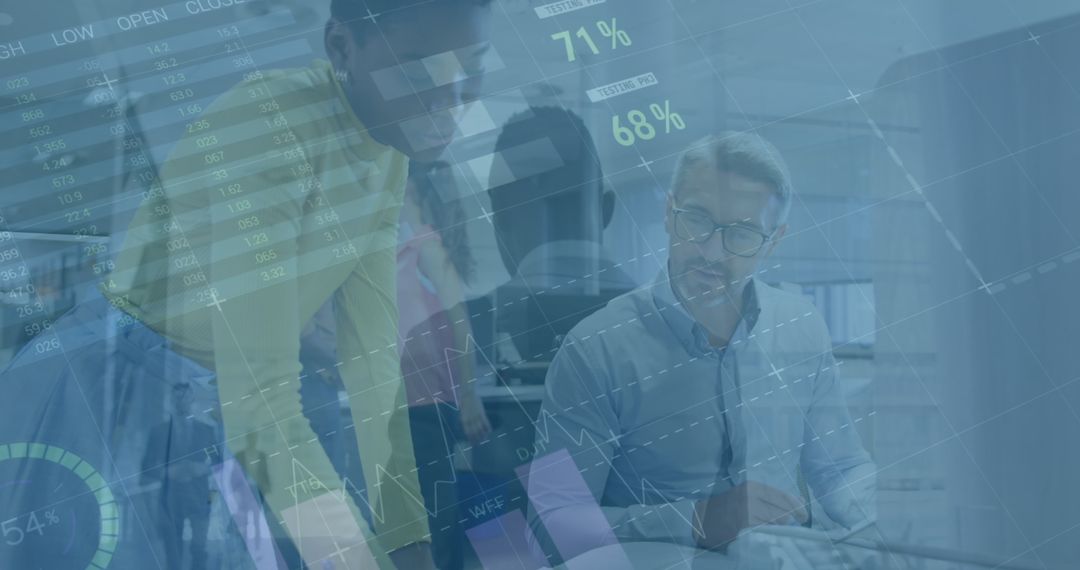 Diverse Professionals Collaborate on Financial Data in Modern Office