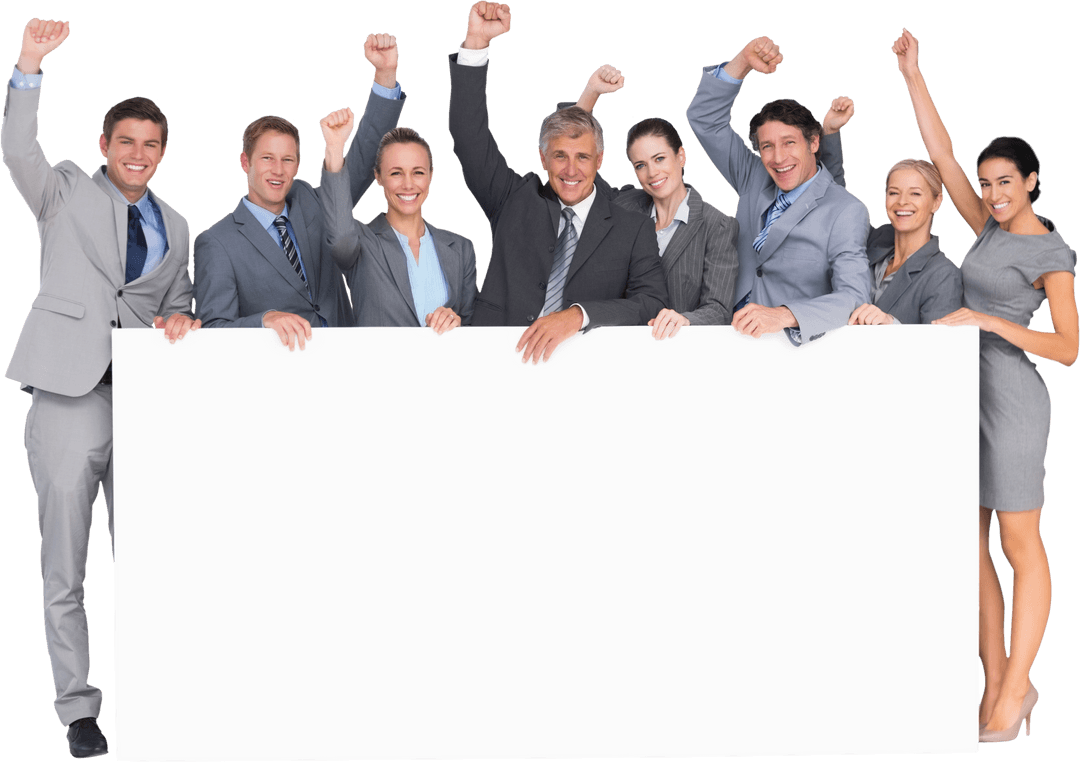 Diverse Business Team Holding Blank Board on Transparent Background