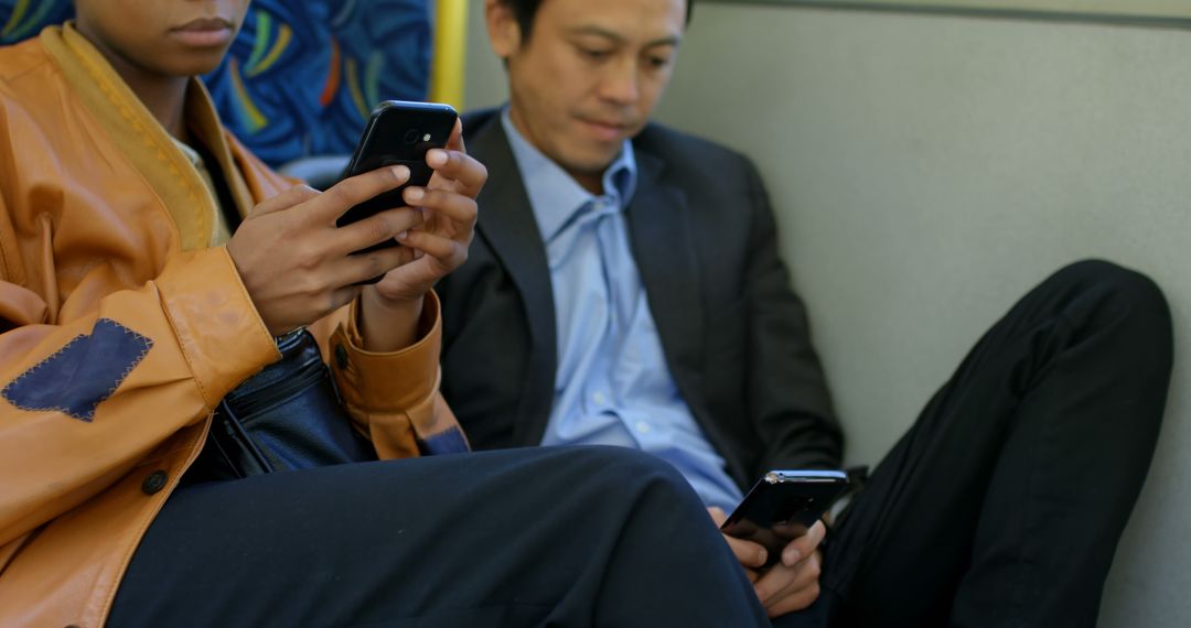 People Using Smartphones While Traveling in City Bus