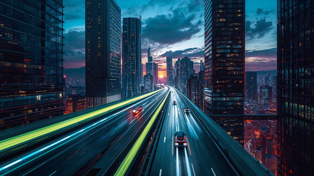 Futuristic Highway in Urban Skyline at Twilight