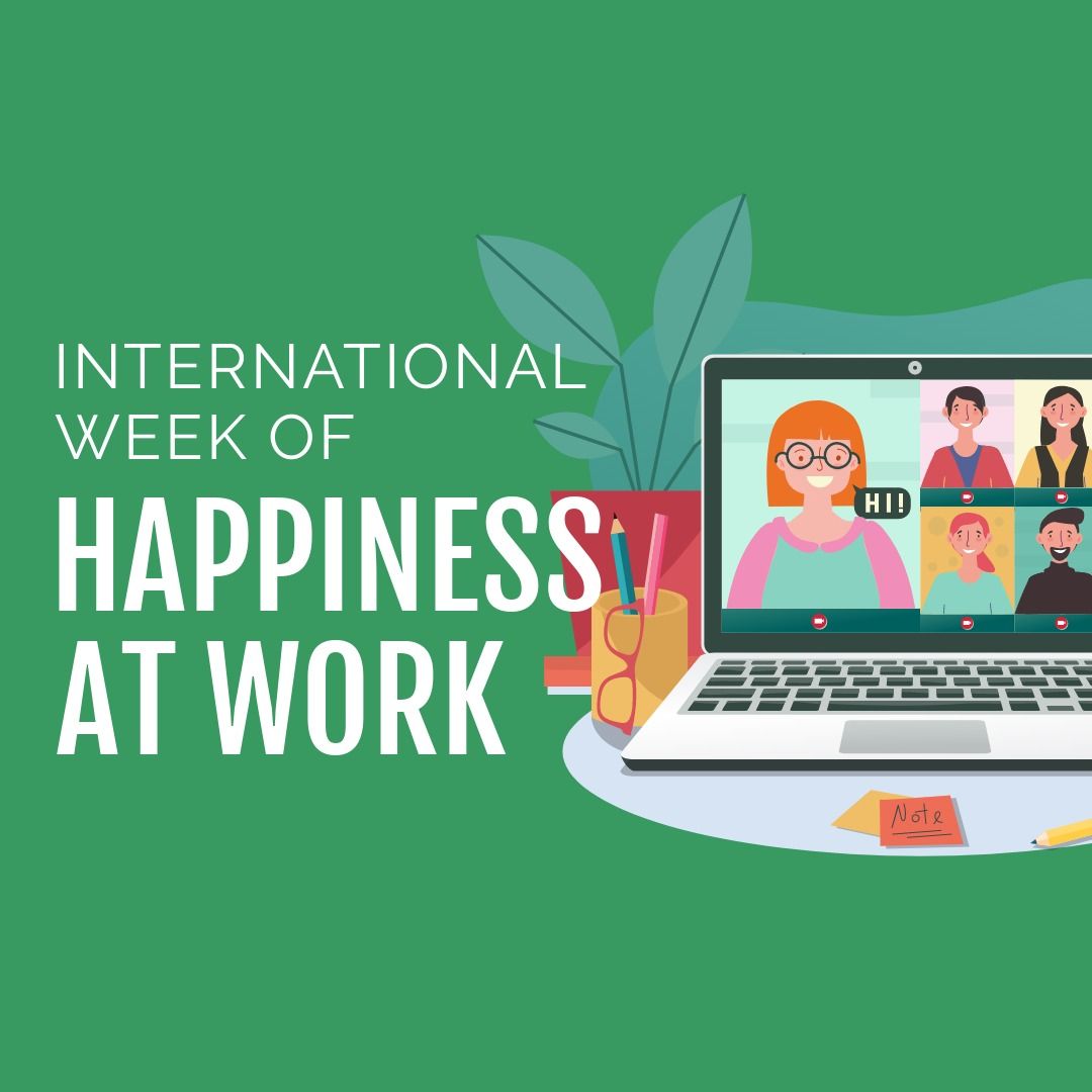 Vector image of coworkers video calling on laptop, international week of happiness at work text - Download Free Stock Templates Pikwizard.com