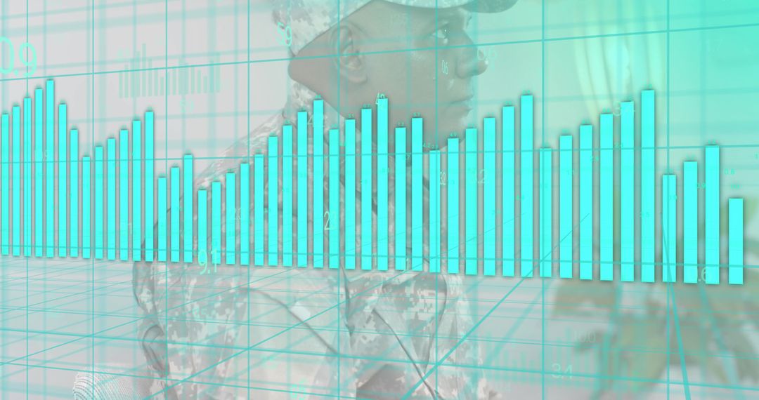Military officer viewing live data visualization with cyan bar chart and 3D grid overlay