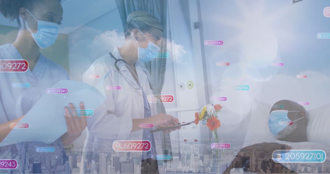 Medical Professionals Analyzing Data with Advanced Technology Overlays