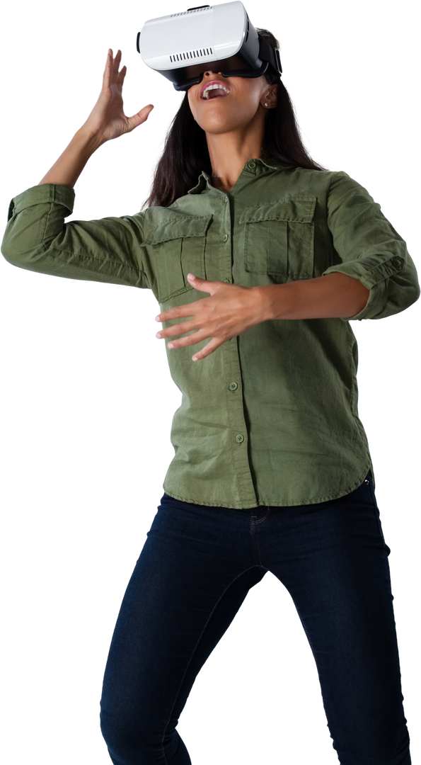 Woman Engaged in Virtual Reality Experience, Green Shirt, Isolated - Download Free Stock Images Pikwizard.com