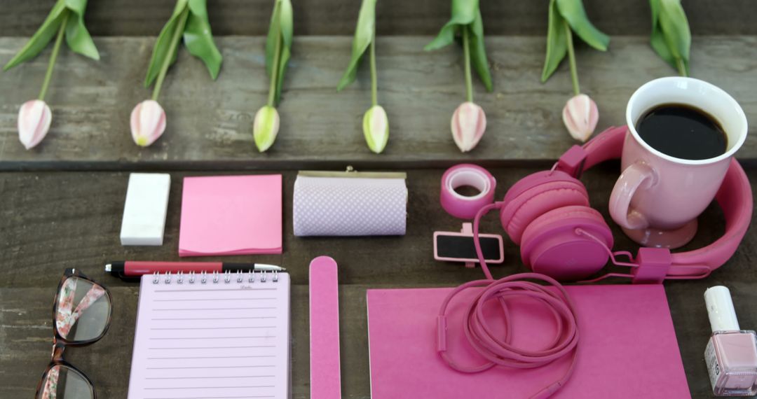 Pink Office Supplies and Tulips Arrangement on Wooden Desk - Free Images, Stock Photos and Pictures on Pikwizard.com